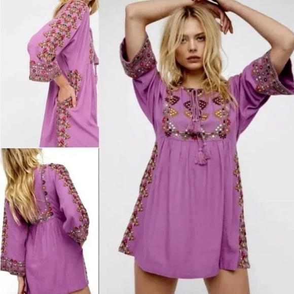 Free People Dresses & Skirts - FREE PEOPLE Purple Linen Multicolored Embroidered Tunic Mini Dress Size XS